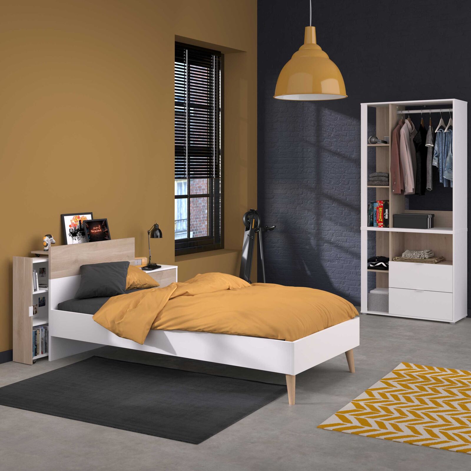 Eenpersoonsbed Hardy - 90x200cm - wit/eikdecor – kavel bij Openbare Verkopen, Beveren-Leie