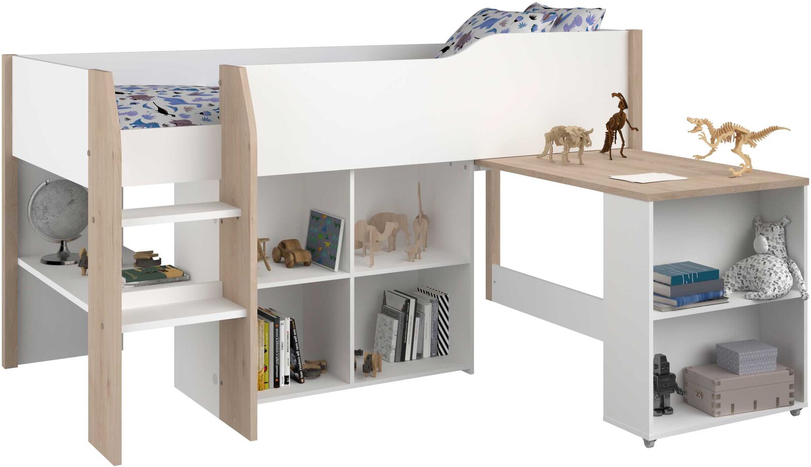 Halfhoogslaper met bureau Moscon 90x200 - wit/eik – kavel bij Openbare Verkopen, Beveren-Leie