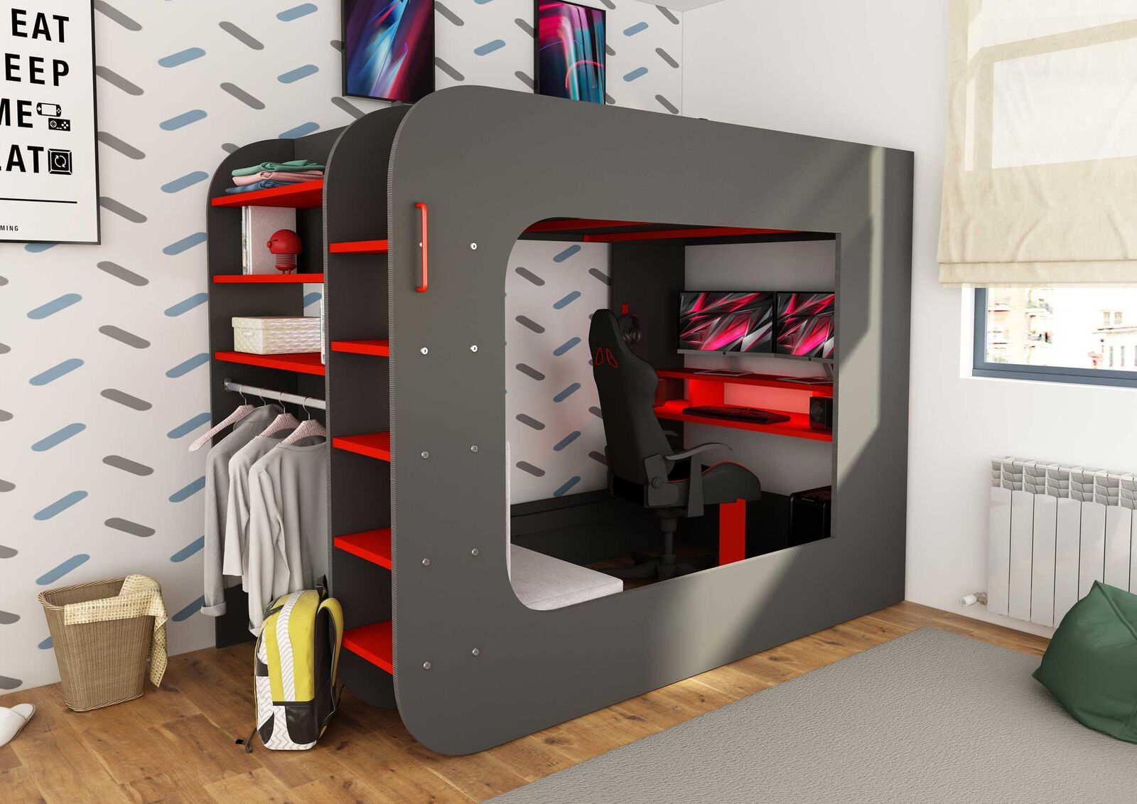 Hoogslaper Graham met gamebureau 120x200cm - antraciet/rood – kavel bij Openbare Verkopen, Beveren-Leie