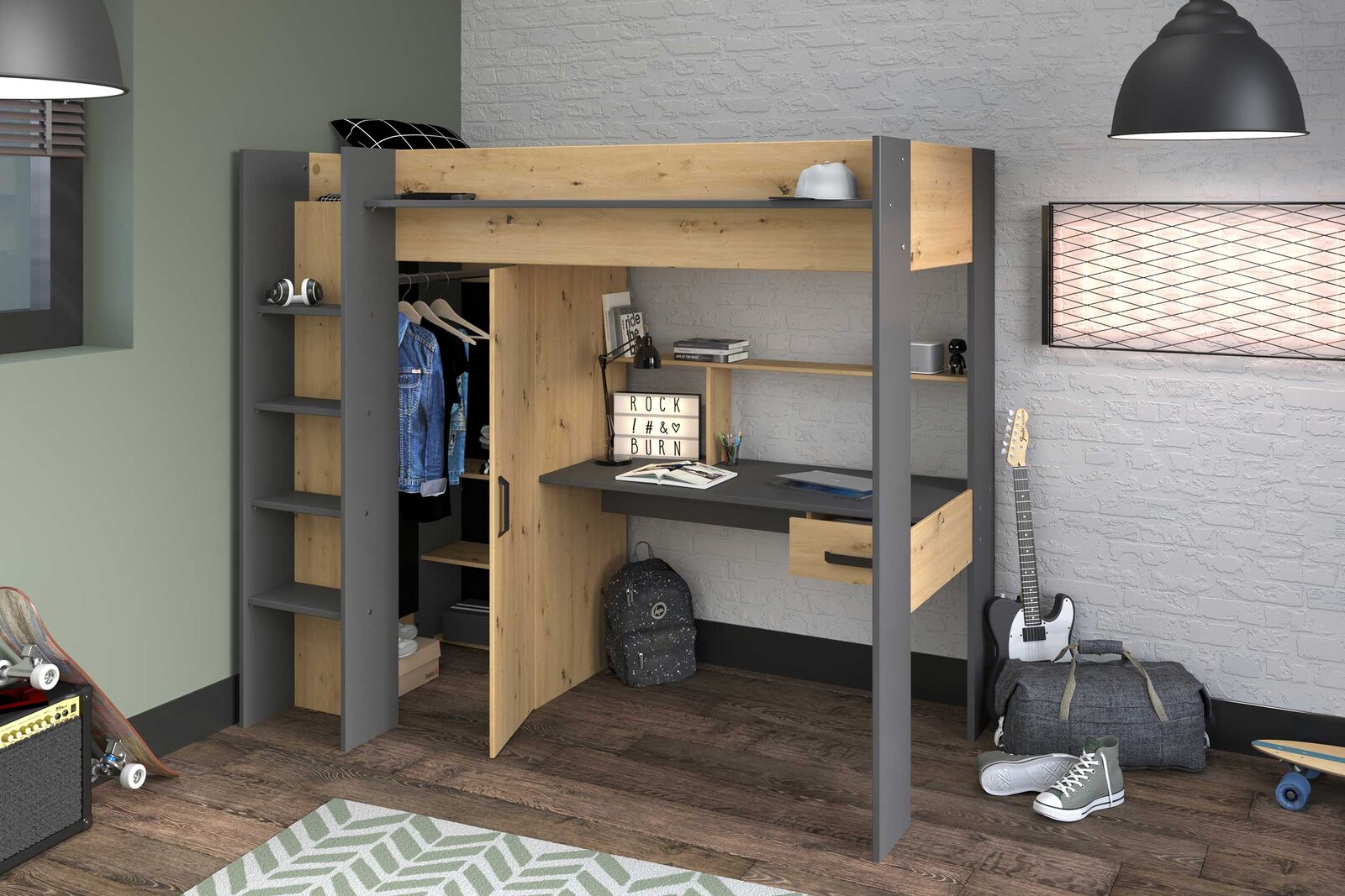 Hoogslaper met bureau Hervé 90x200 - artisan eik/grijs – kavel bij Openbare Verkopen, Beveren-Leie
