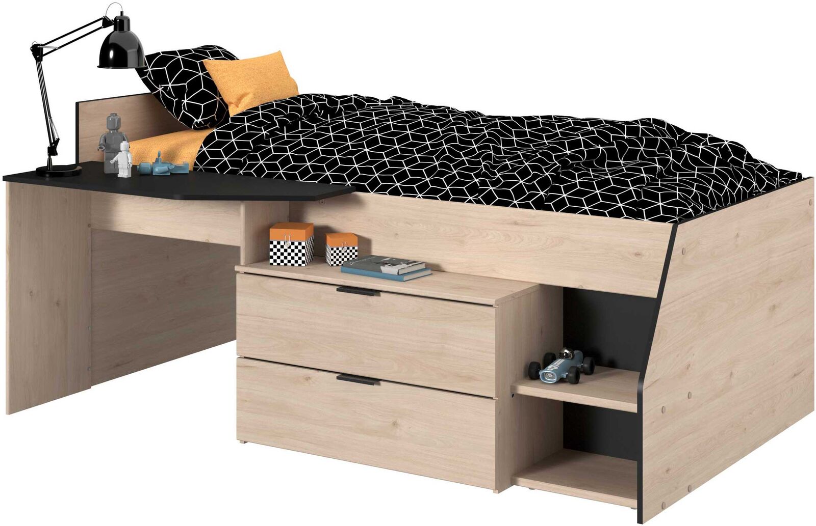 Kajuitbed Milky met bureau en lades - zwart/eik – kavel bij Openbare Verkopen, Beveren-Leie