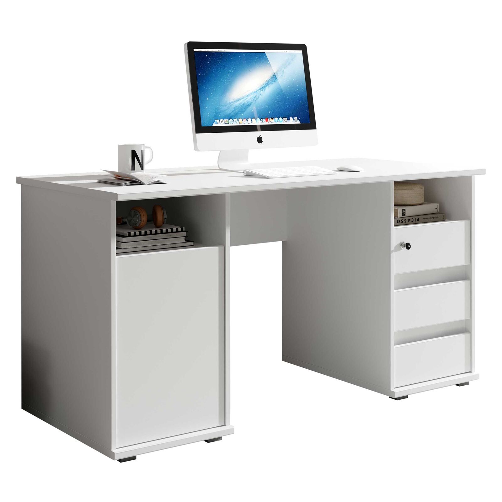 Bureau Primos 145cm met 3 lades & 1 deur - wit – kavel bij Openbare Verkopen, Beveren-Leie