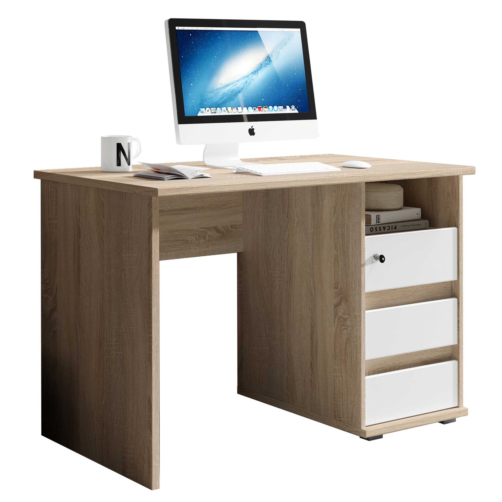 Bureau Primos 110cm met 3 lades - eik/wit – kavel bij Openbare Verkopen, Beveren-Leie