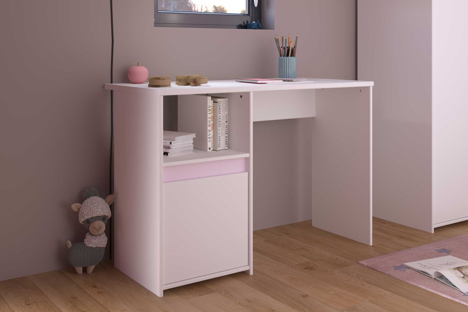 Bureau Rue 110cm met kast - wit/grijs of wit/roze – kavel bij Openbare Verkopen, Beveren-Leie