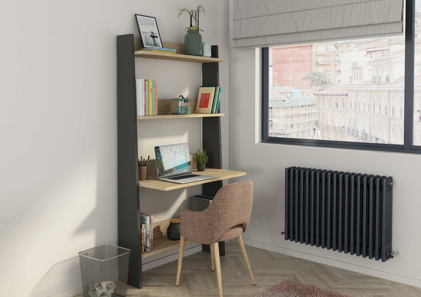 Boekenkast Quinty met laptoptafel 95cm 3 legplanken - eik decor/ grijs – kavel bij Openbare Verkopen, Beveren-Leie
