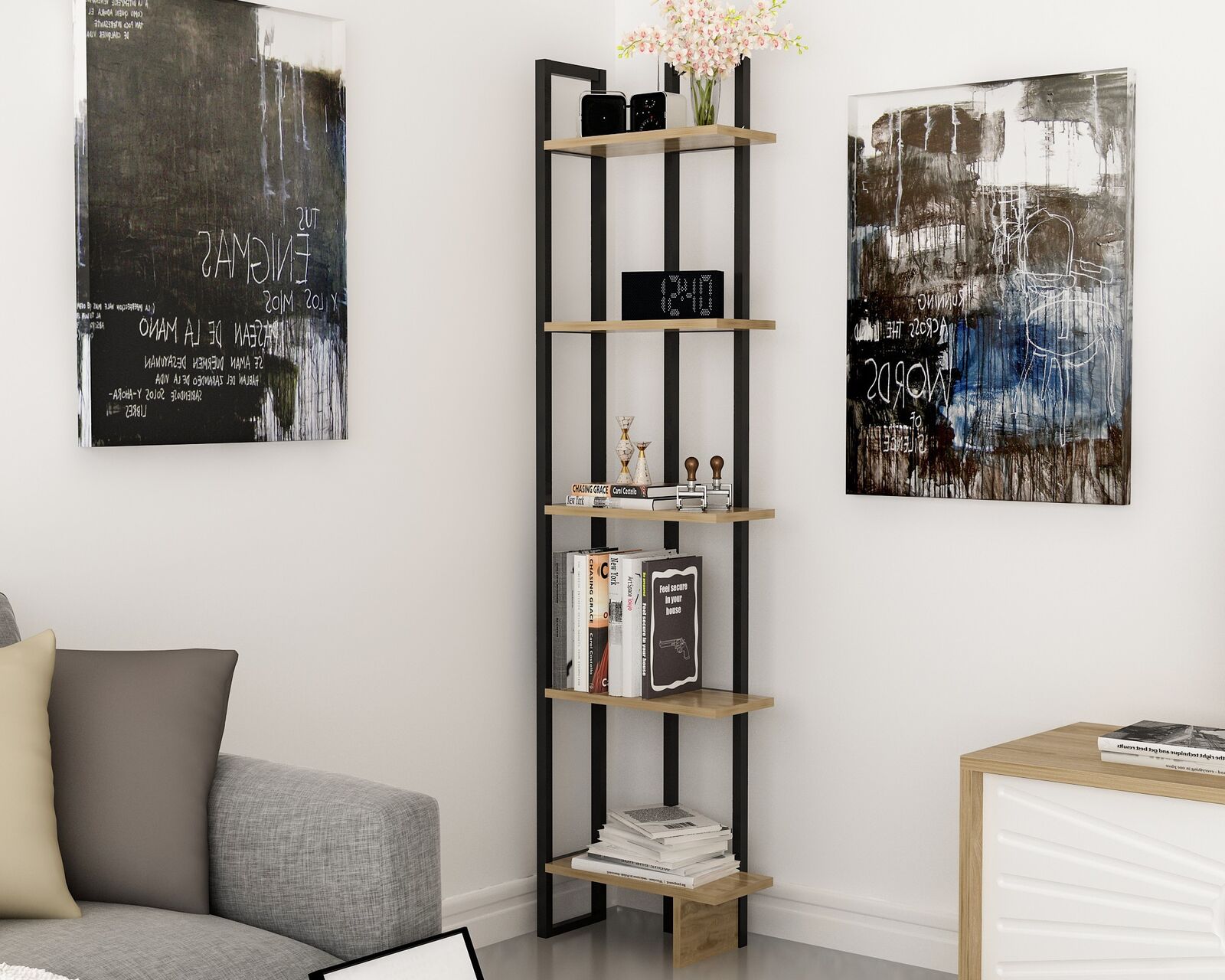 Alice Boekenplank | 100% MELAMINE | Eiken, Zwart – kavel bij Openbare Verkopen, Beveren-Leie