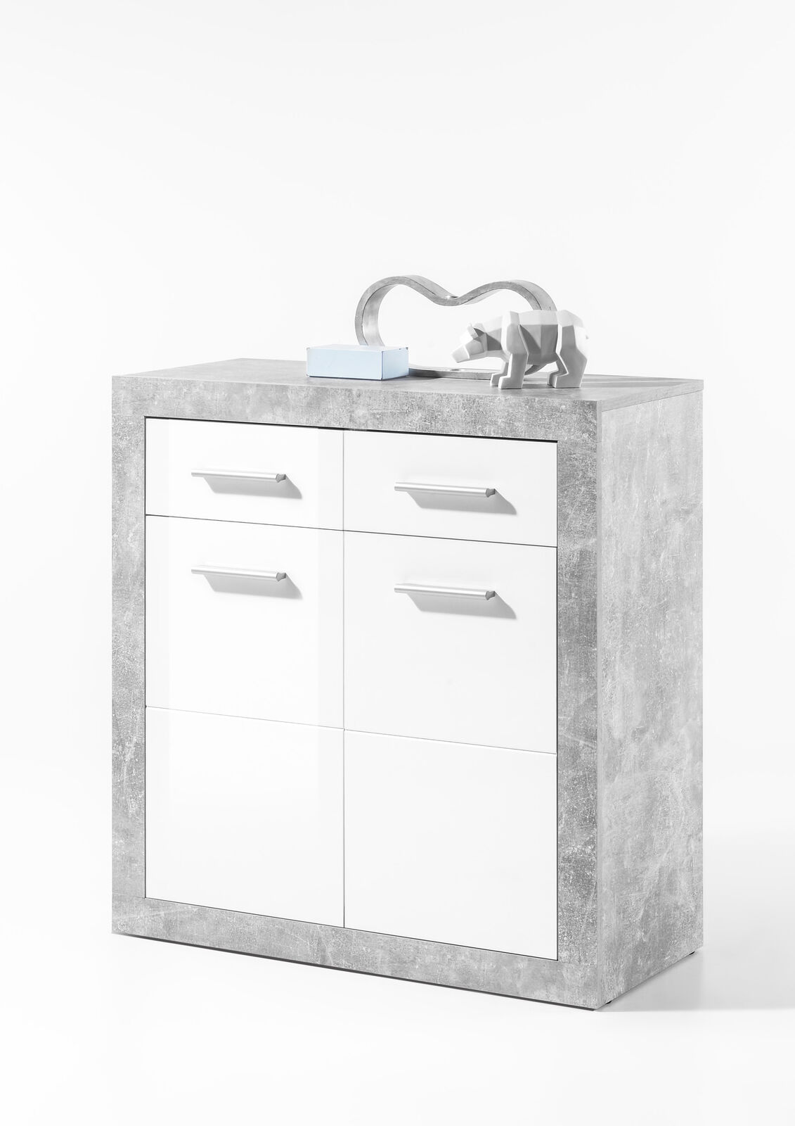 Commode Inga 82 cm met 2 deuren & 2 lades - beton/wit – kavel bij Openbare Verkopen, Beveren-Leie