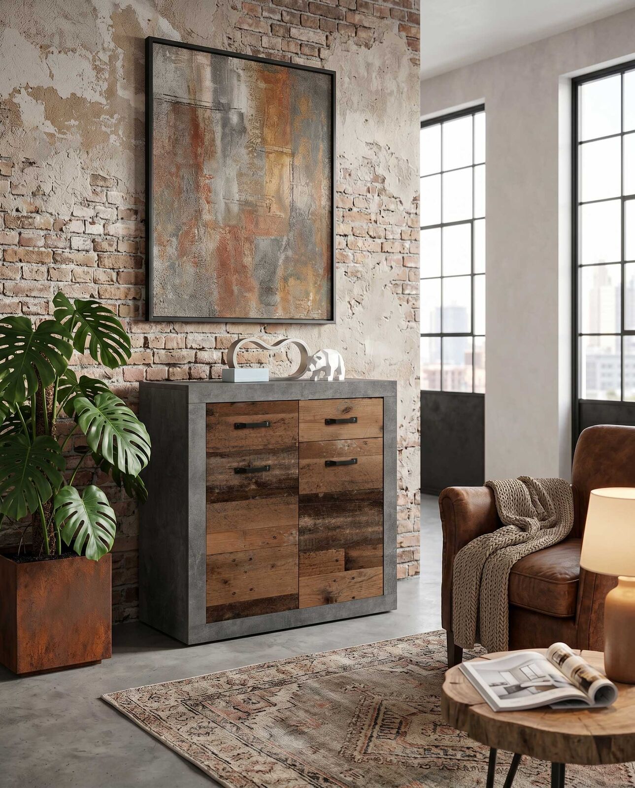 Commode Taro 2 deuren en 2 lades - beton/oud hout – kavel bij Openbare Verkopen, Beveren-Leie