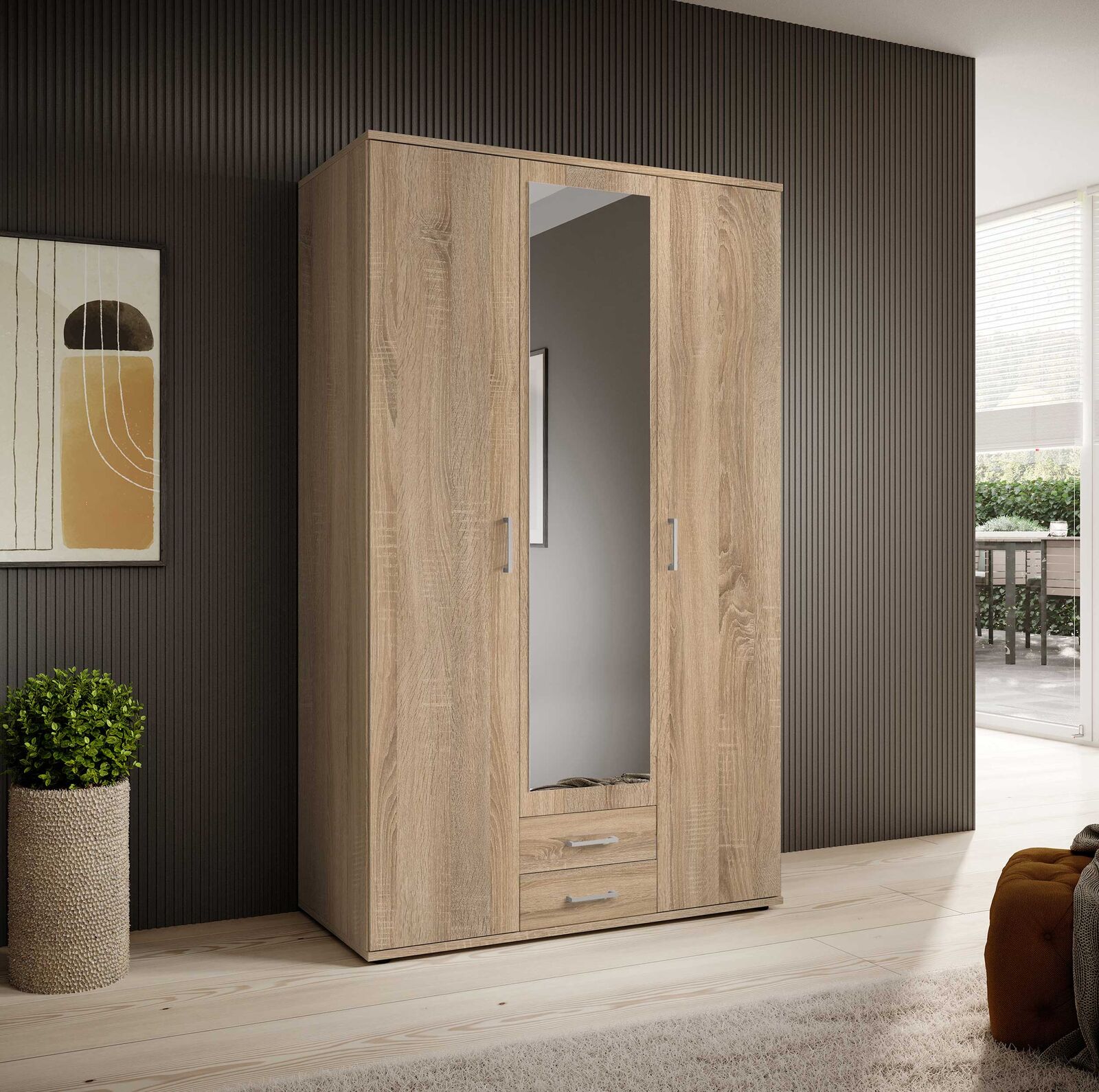 Kledingkast Daniela 120cm met 3 deuren 2 lades & spiegel - eik – kavel bij Openbare Verkopen, Beveren-Leie