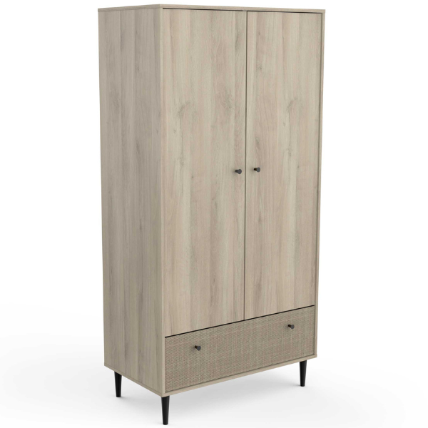 Kleerkast Sayuri 2 draaideuren, 1 kledingroede en 1 lade-Kronberg eik/wicker – kavel bij Openbare Verkopen, Beveren-Leie