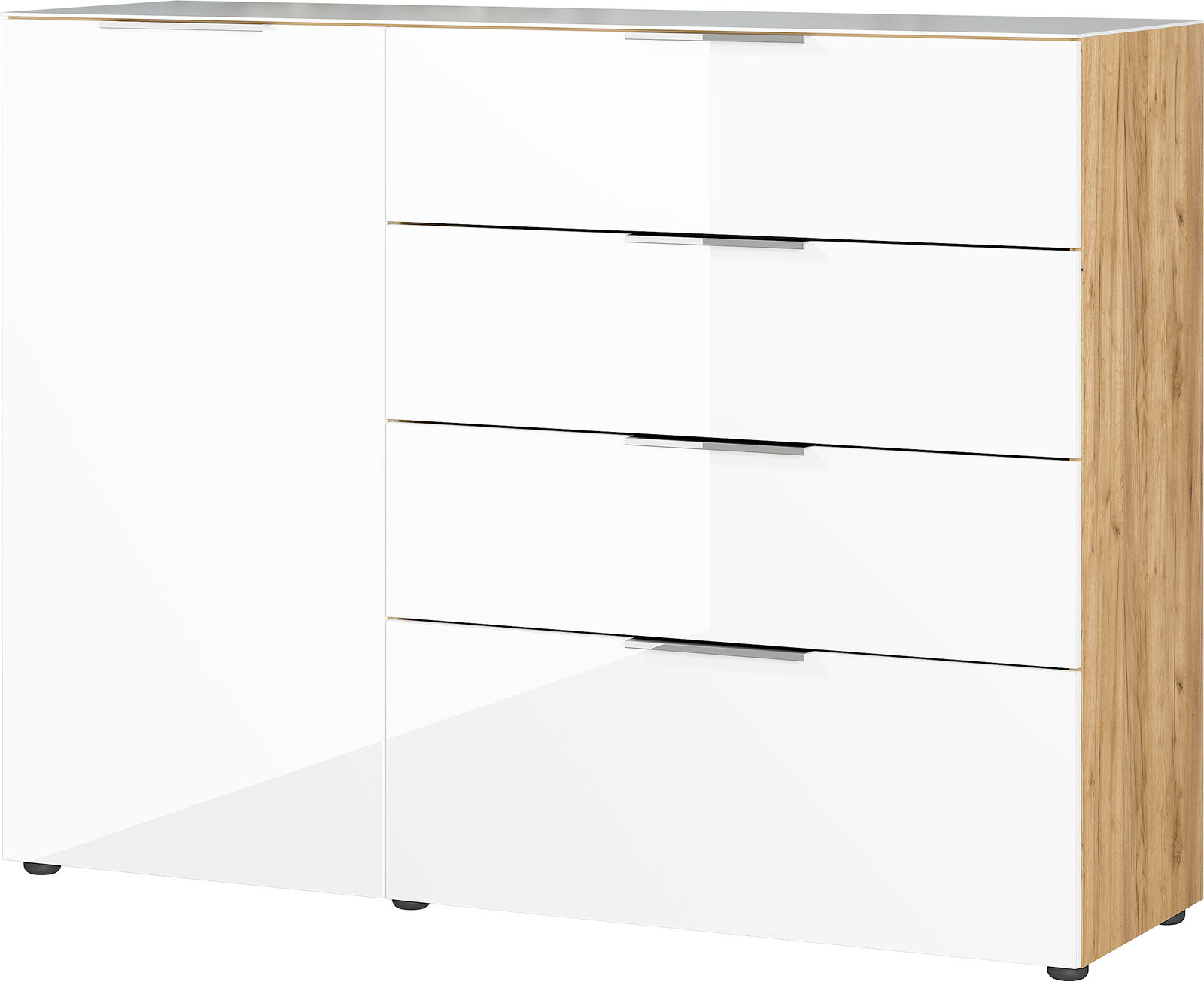 Dressoir Dudek 134cm met 4 lades & 1 deur - wit/eik – kavel bij Openbare Verkopen, Beveren-Leie
