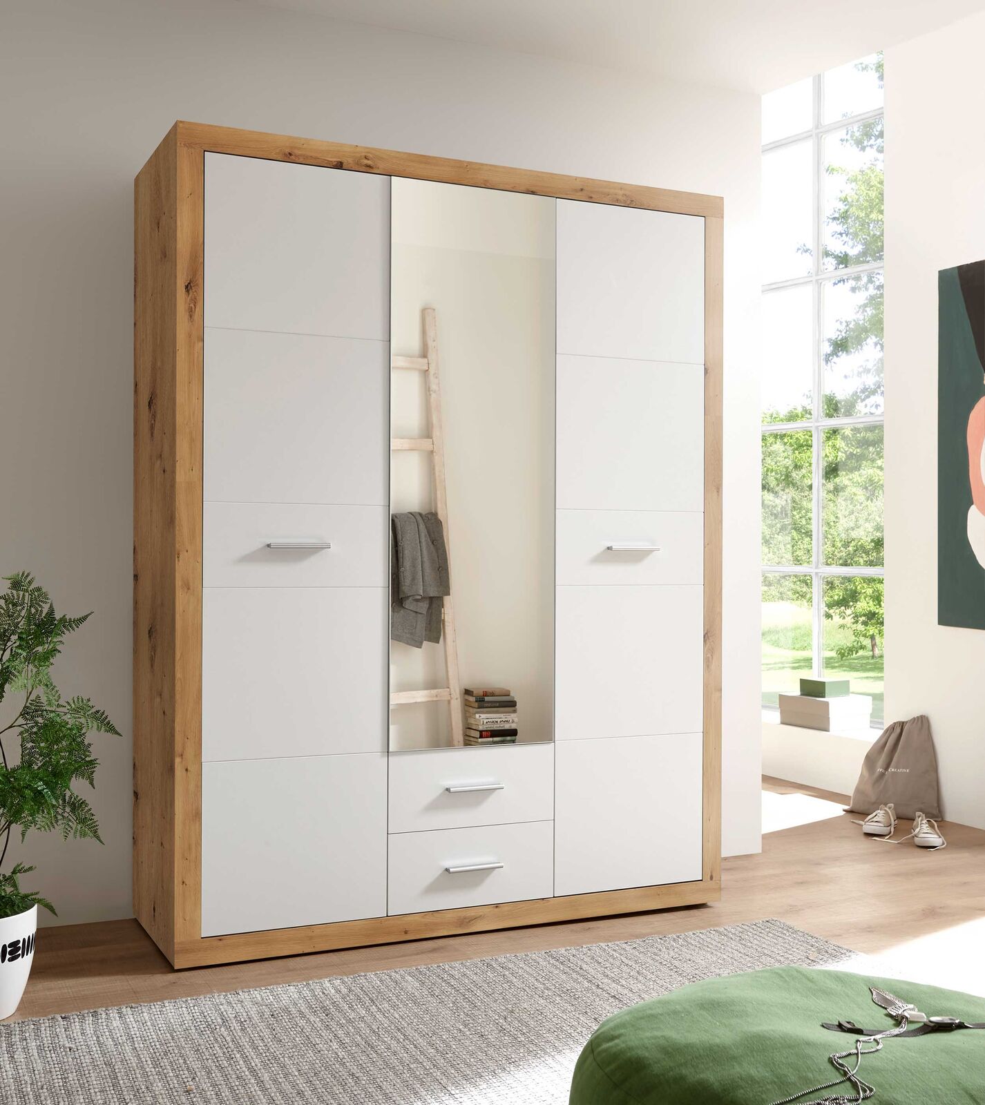 Kledingkast Storck 151cm 3 deuren & 2 lades & spiegel - artisan eik/wit – kavel bij Openbare Verkopen, Beveren-Leie