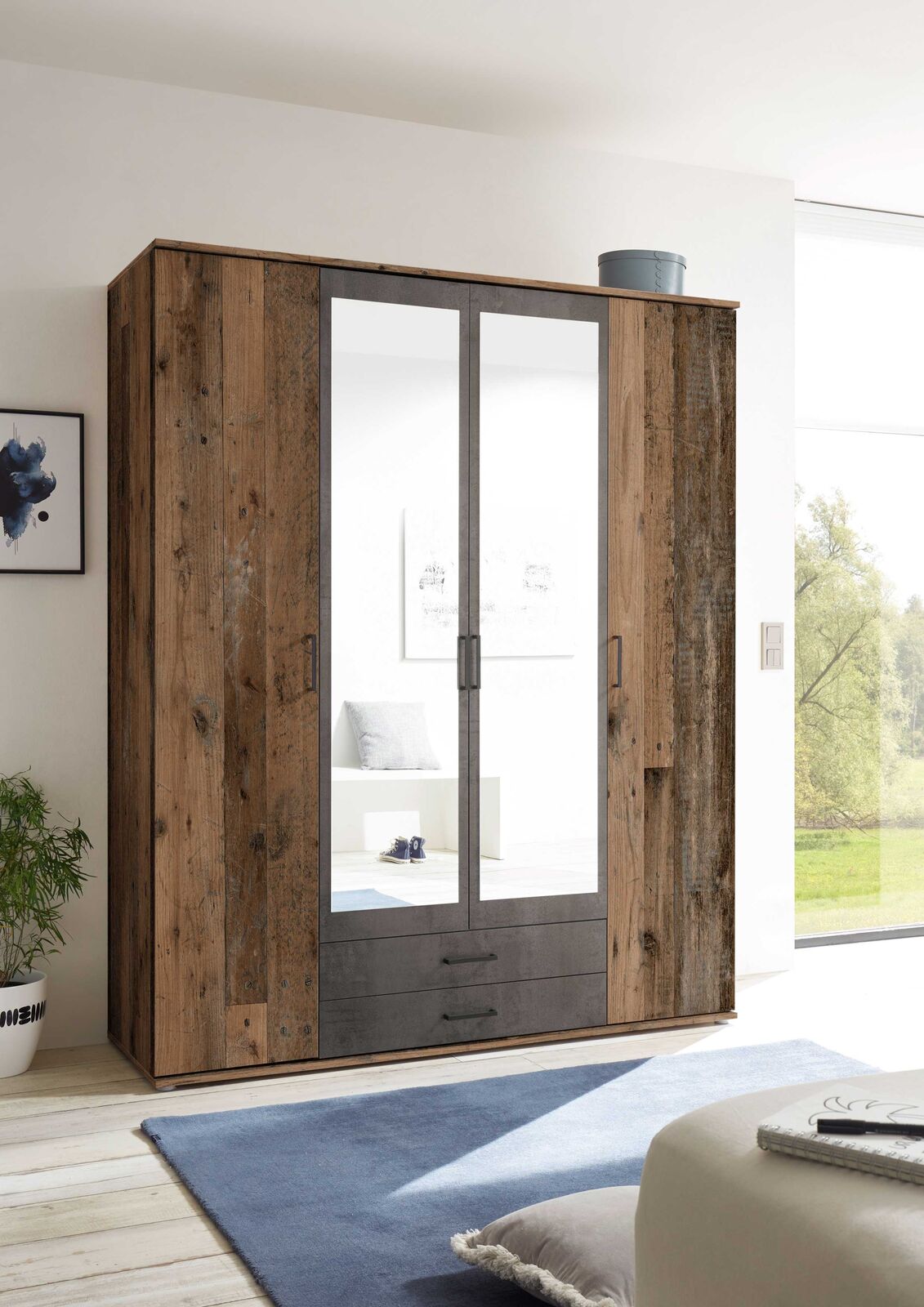 Kledingkast Ellis 160cm met 4 deuren 2 lades & spiegel - old style/beton – kavel bij Openbare Verkopen, Beveren-Leie