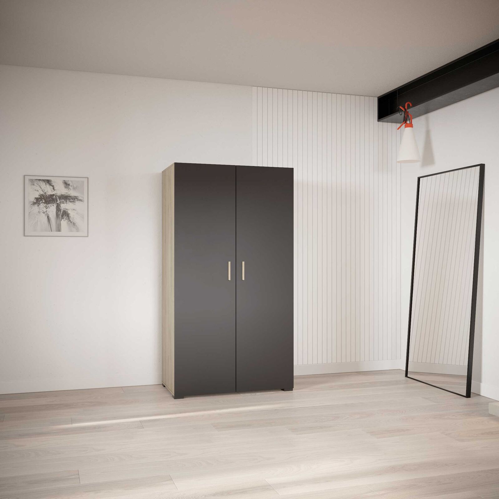 Kleerkast Liva 2 draaideuren, 1 kledingroede en 4 legplanken-Kronberg eik/matzwart – kavel bij Openbare Verkopen, Beveren-Leie