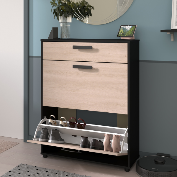 Schoenenkast Celestia met twee deuren en opberglade - eikdecor/zwart – kavel bij Openbare Verkopen, Beveren-Leie