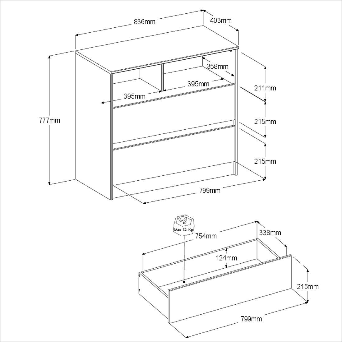 Commode Shelby 84cm met twee lades - eik/wit – kavel bij Openbare Verkopen, Beveren-Leie