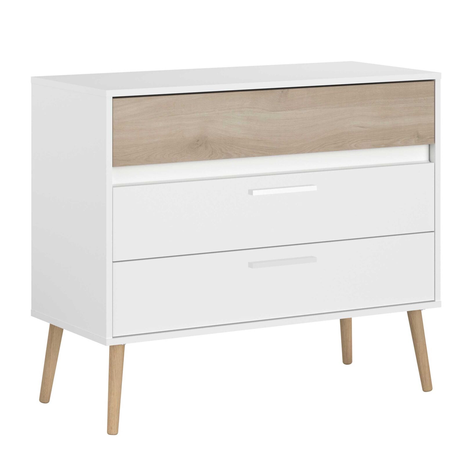 Ladekast Hardy 91cm met 3 lades - wit/eik – kavel bij Openbare Verkopen, Beveren-Leie