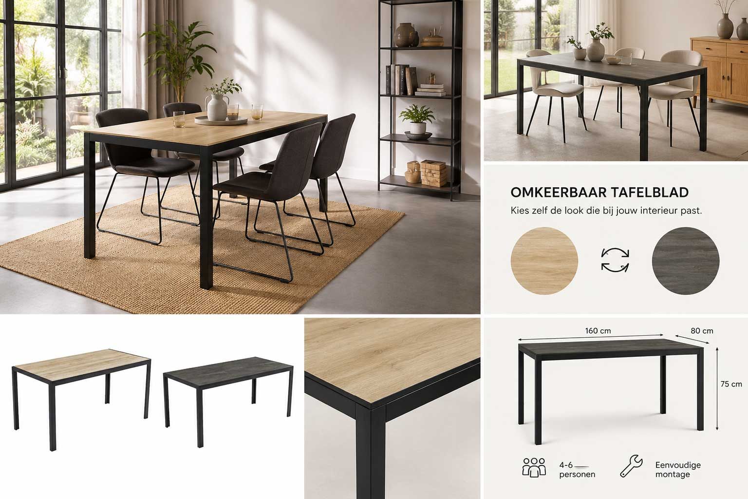 Eettafel Colin | 80 x 160 x 75 cm | Omkeerbaar tafelblad | Oak-/Stone-design – kavel bij Openbare Verkopen, Beveren-Leie