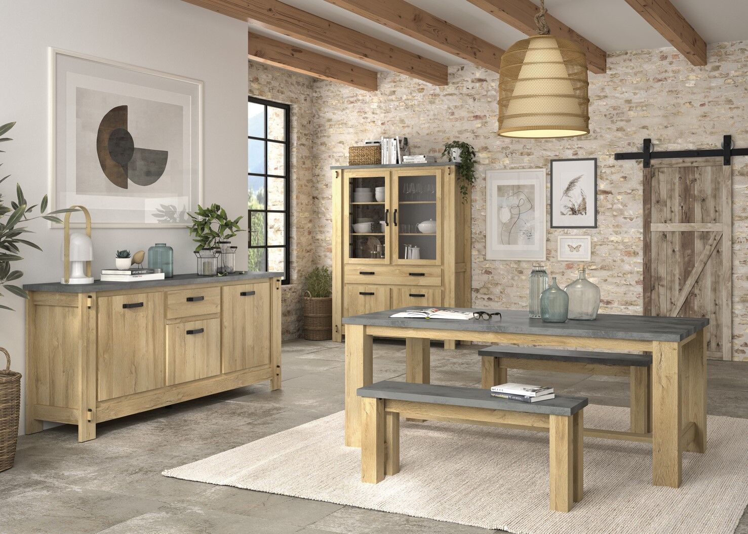 Verlengbare eettafel Louane 192x97cm, excl verlengstuk - eik/beton – kavel bij Openbare Verkopen, Beveren-Leie