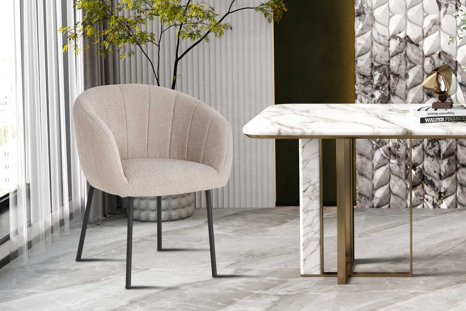 Stoel Sevilla Bouclé Zand | Metalen Poten H-H 79 x B-L 57 x D-P 62 cm – kavel bij Openbare Verkopen, Beveren-Leie