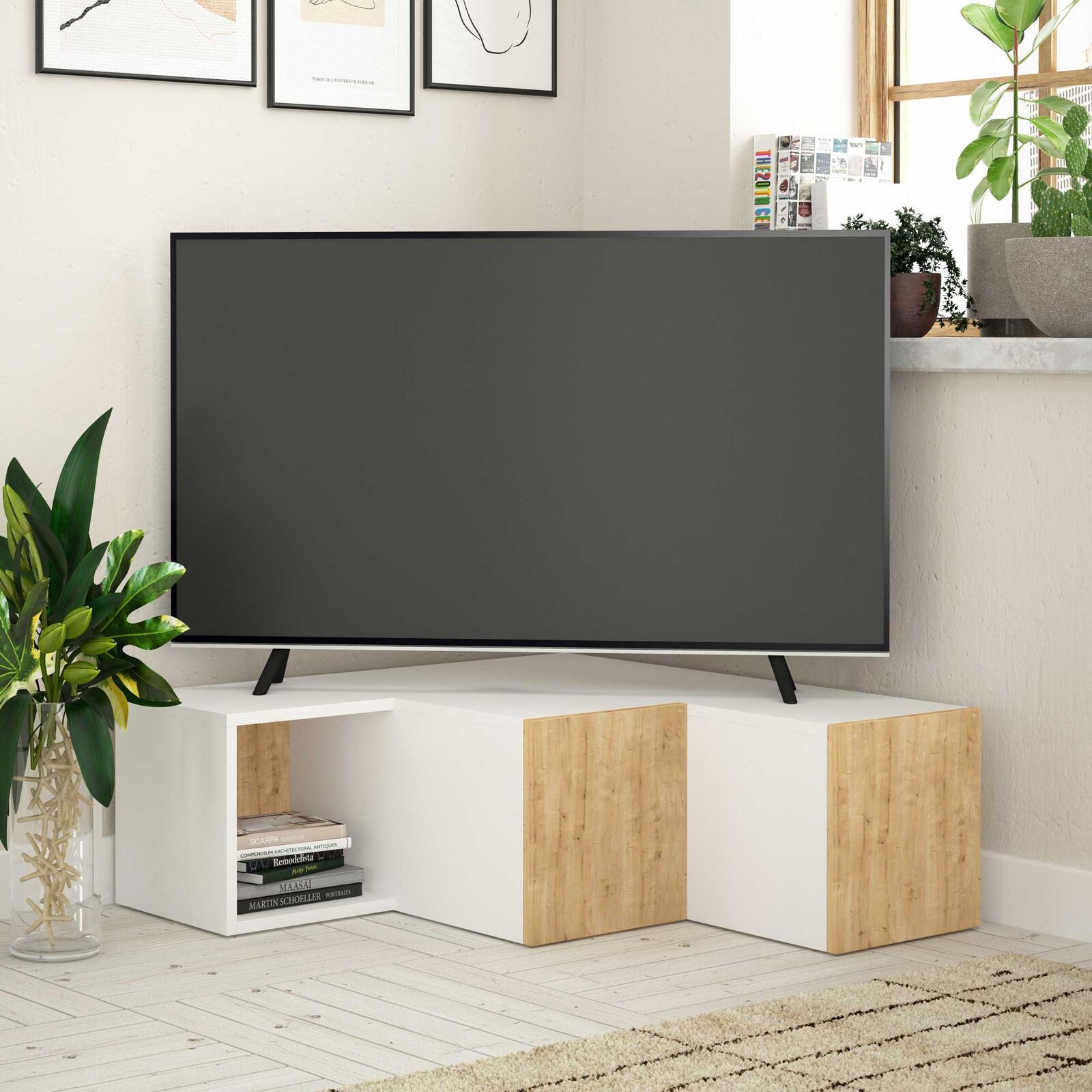 Compact TV-meubel | 100% MELAMINE | Wit, Eiken – kavel bij Openbare Verkopen, Beveren-Leie