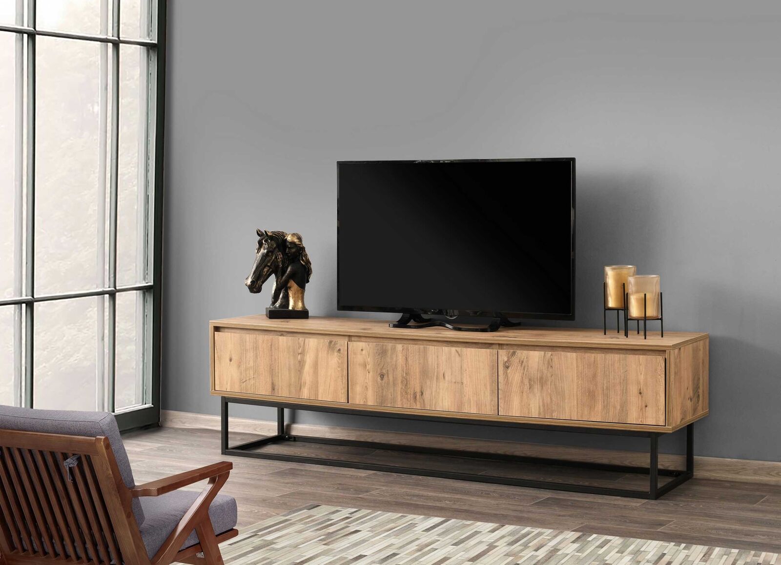 Tilsim 180 TV-meubel | 100% MELAMINE | Zwart, grenen – kavel bij Openbare Verkopen, Beveren-Leie
