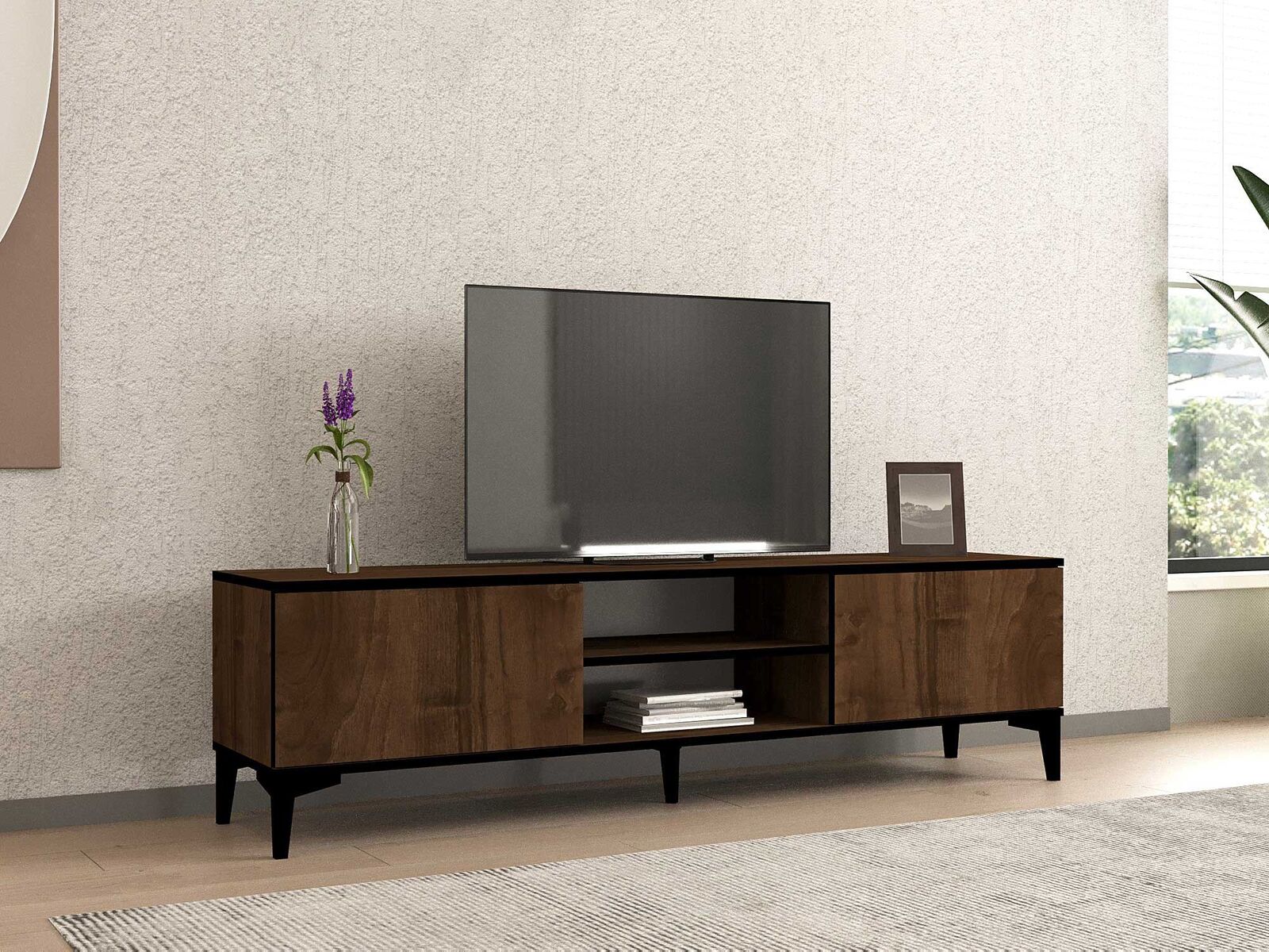 Erem TV-meubel | 100% MELAMINE | Walnoot, Zwart – kavel bij Openbare Verkopen, Beveren-Leie