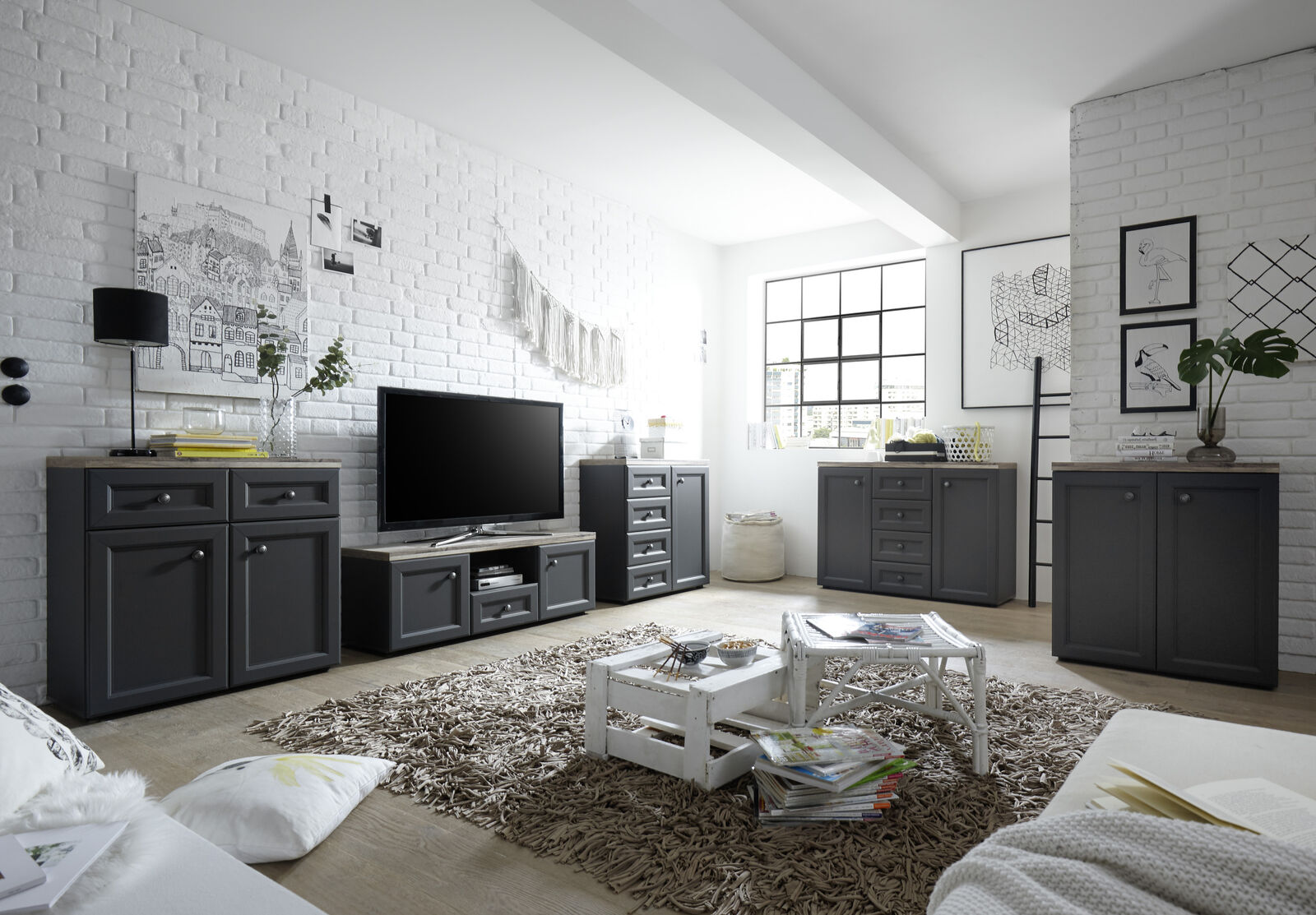 Tv-meubel Norah 122cm - grijs/bruin – kavel bij Openbare Verkopen, Beveren-Leie