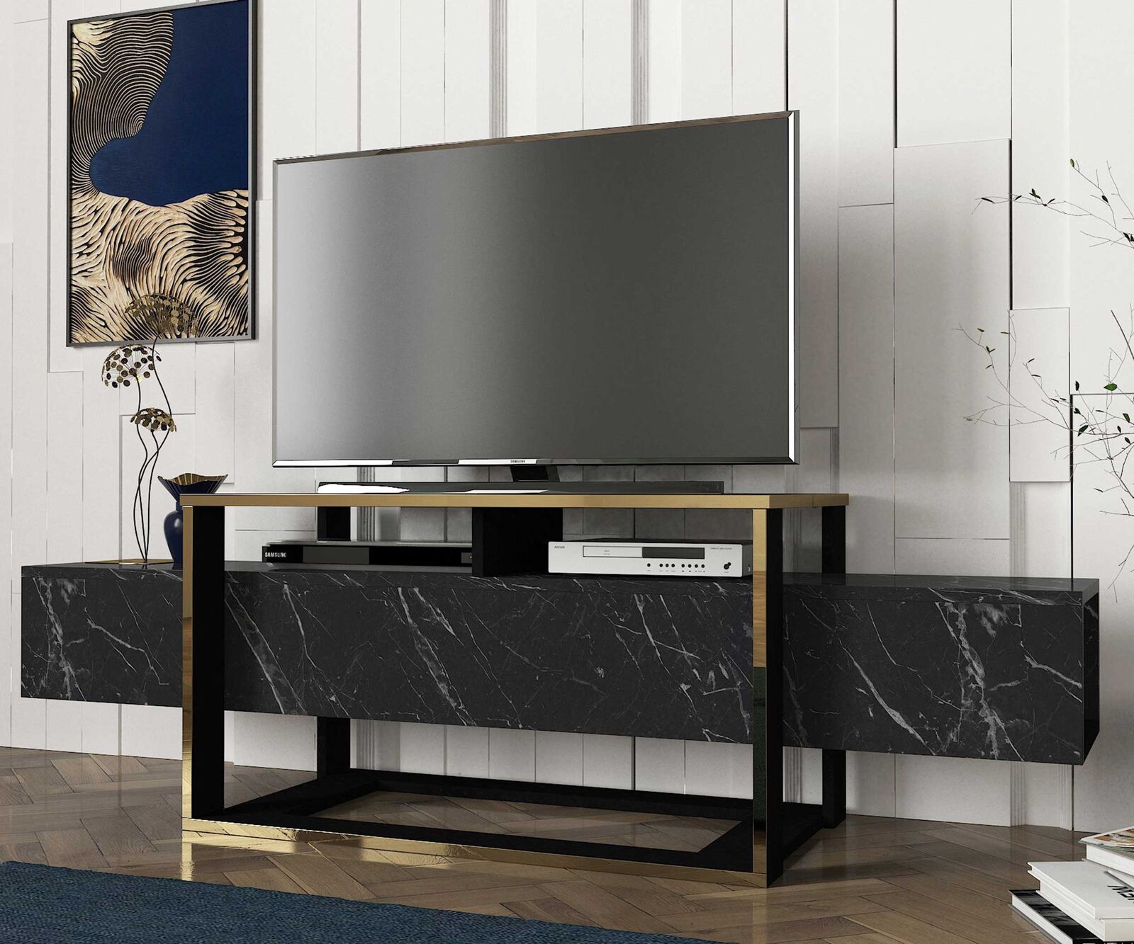 Bianco TV-meubel | 100% MELAMINE | Zwart, Goud – kavel bij Openbare Verkopen, Beveren-Leie