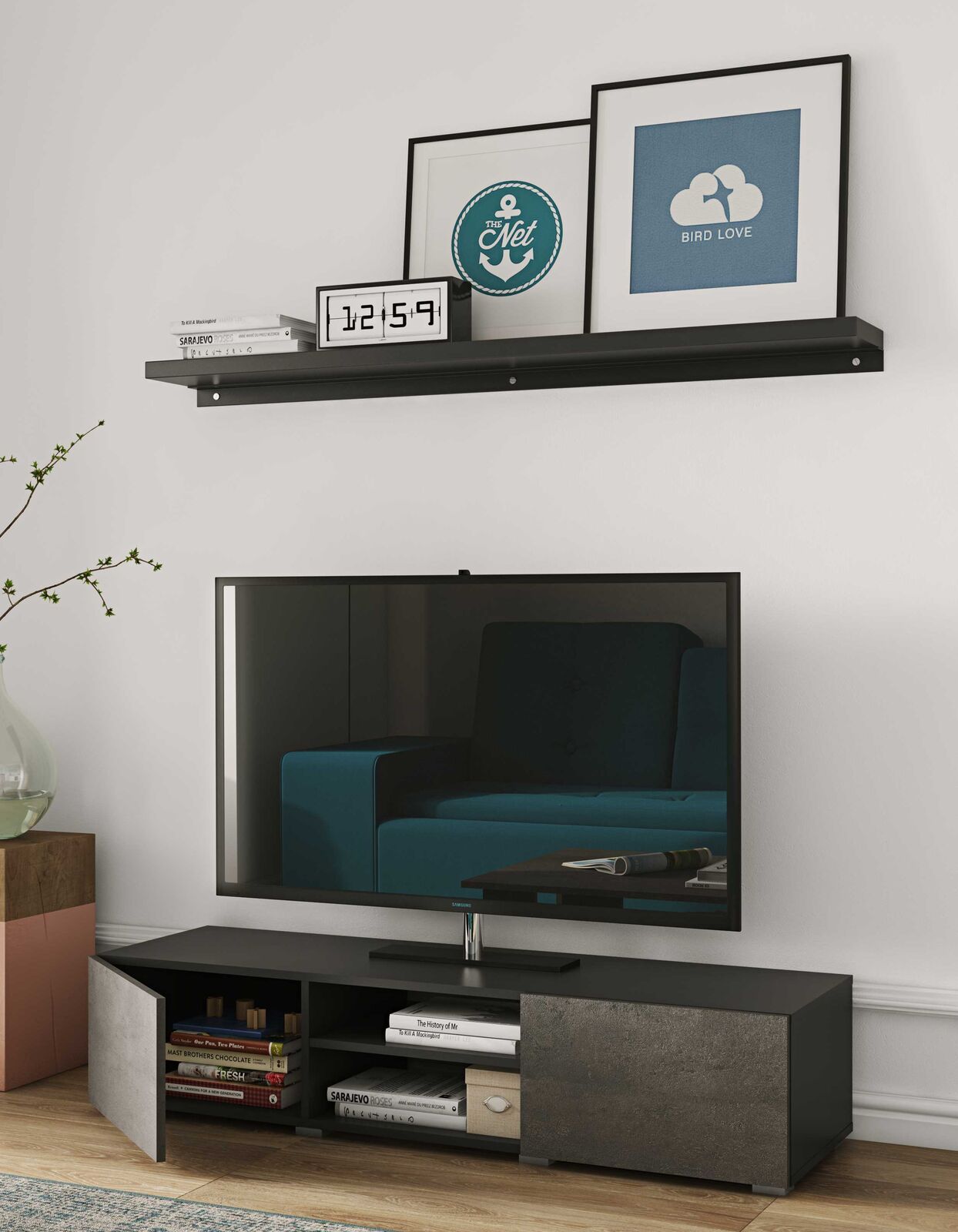 Tv-meubel Podium 140 cm - zwart/beton – kavel bij Openbare Verkopen, Beveren-Leie