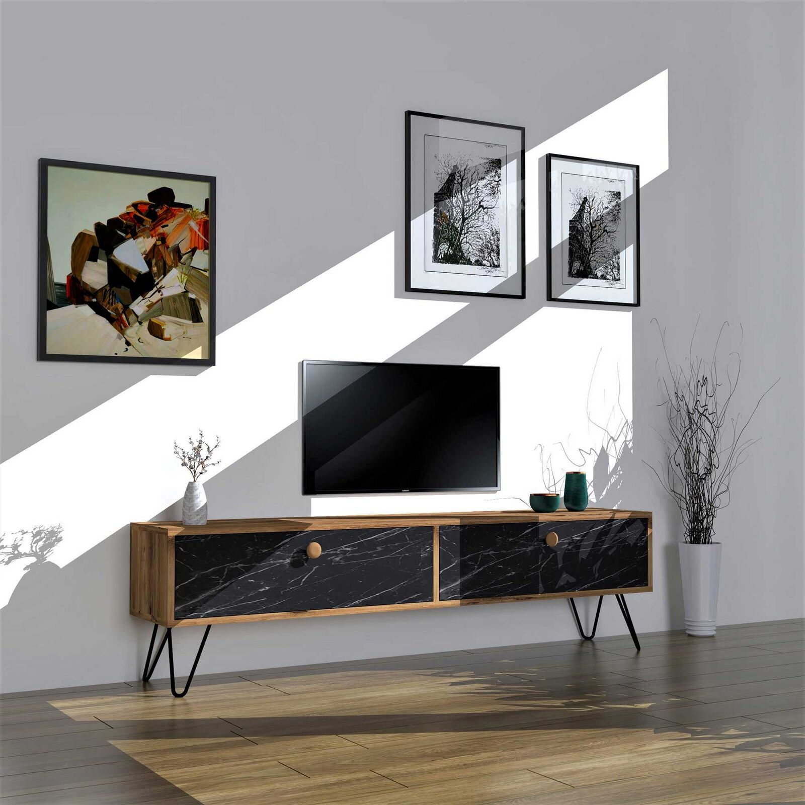 Side TV-meubel | 100% MELAMINE | Atlantic Pine, Zwart – kavel bij Openbare Verkopen, Beveren-Leie