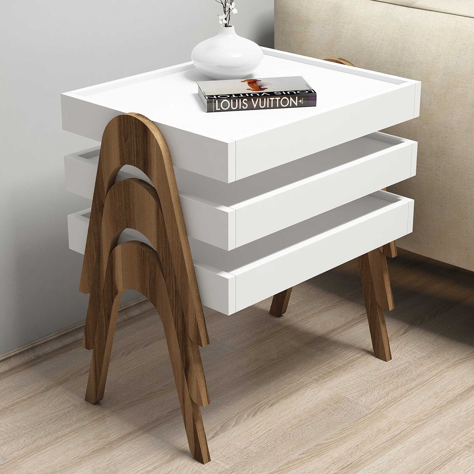 Roma Bijzettafel (3 stuks) | 100% MELAMINE | Walnoot, Wit – kavel bij Openbare Verkopen, Beveren-Leie