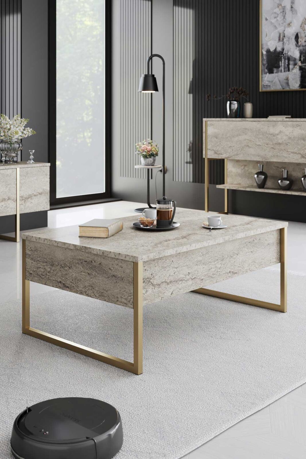 Luxe Salontafel | 100% MELAMINE | Travertin, Goud – kavel bij Openbare Verkopen, Beveren-Leie