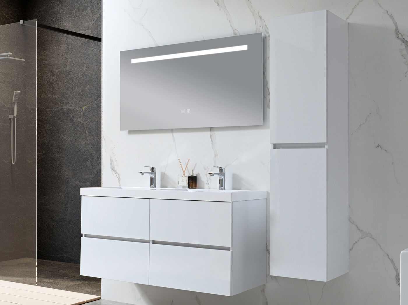 Badkamermeubel 120 cm - Hoogglans wit + witte dubbele wasbak - Incl. kranen – kavel bij Openbare Verkopen