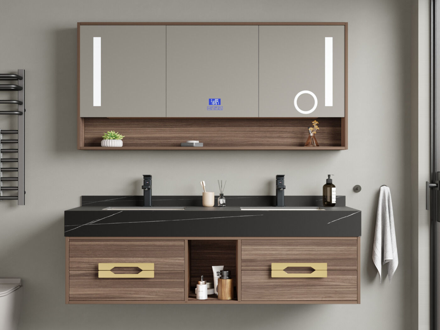 Badkamermeubel 2-persoons - 150 cm - Hout decor met zwarte wasbak - Incl. kranen – kavel bij Openbare Verkopen