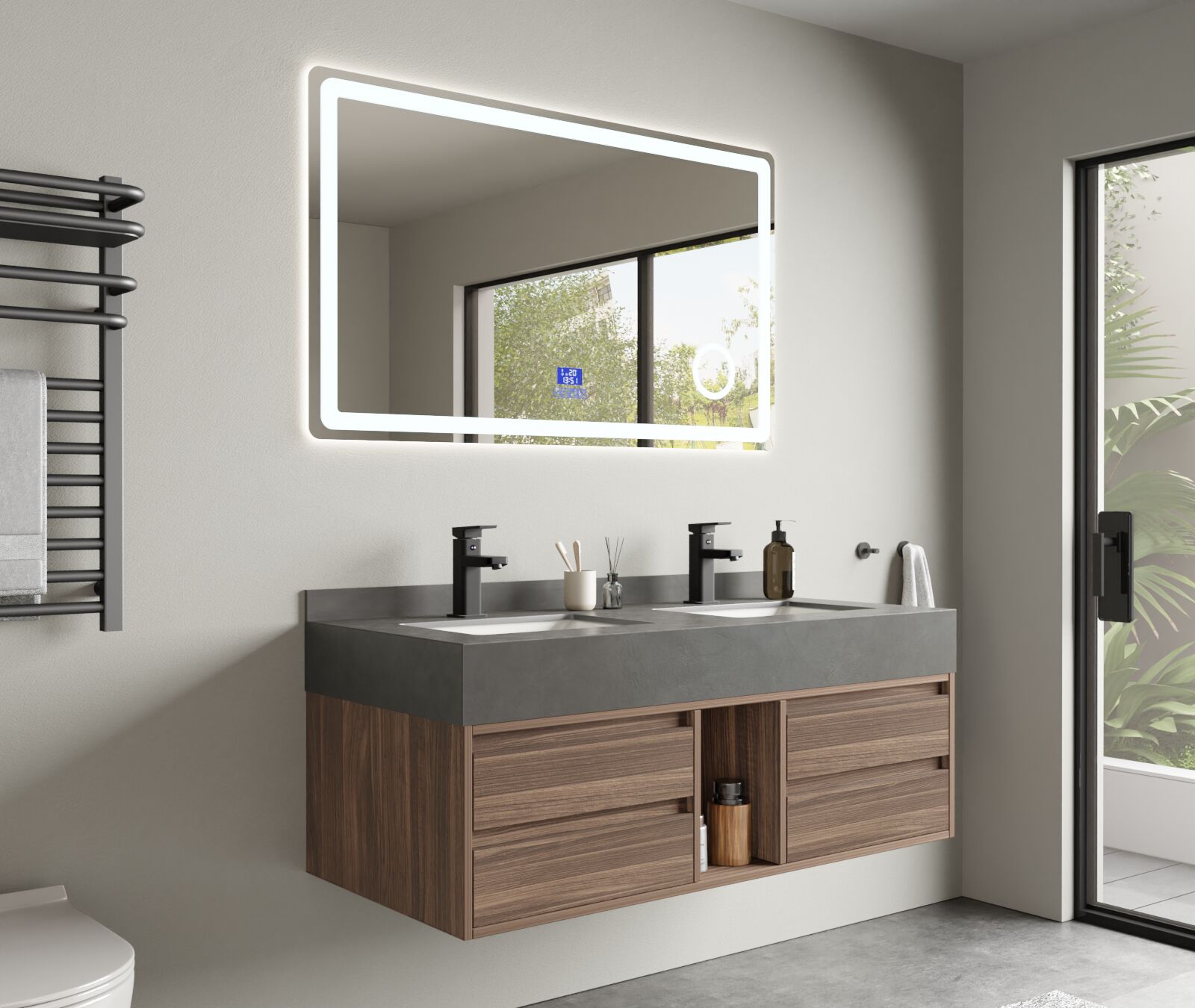 Badkamermeubel 2-persoons - 120 cm - Hout decor met grijze wasbak - Incl. kranen – kavel bij Openbare Verkopen