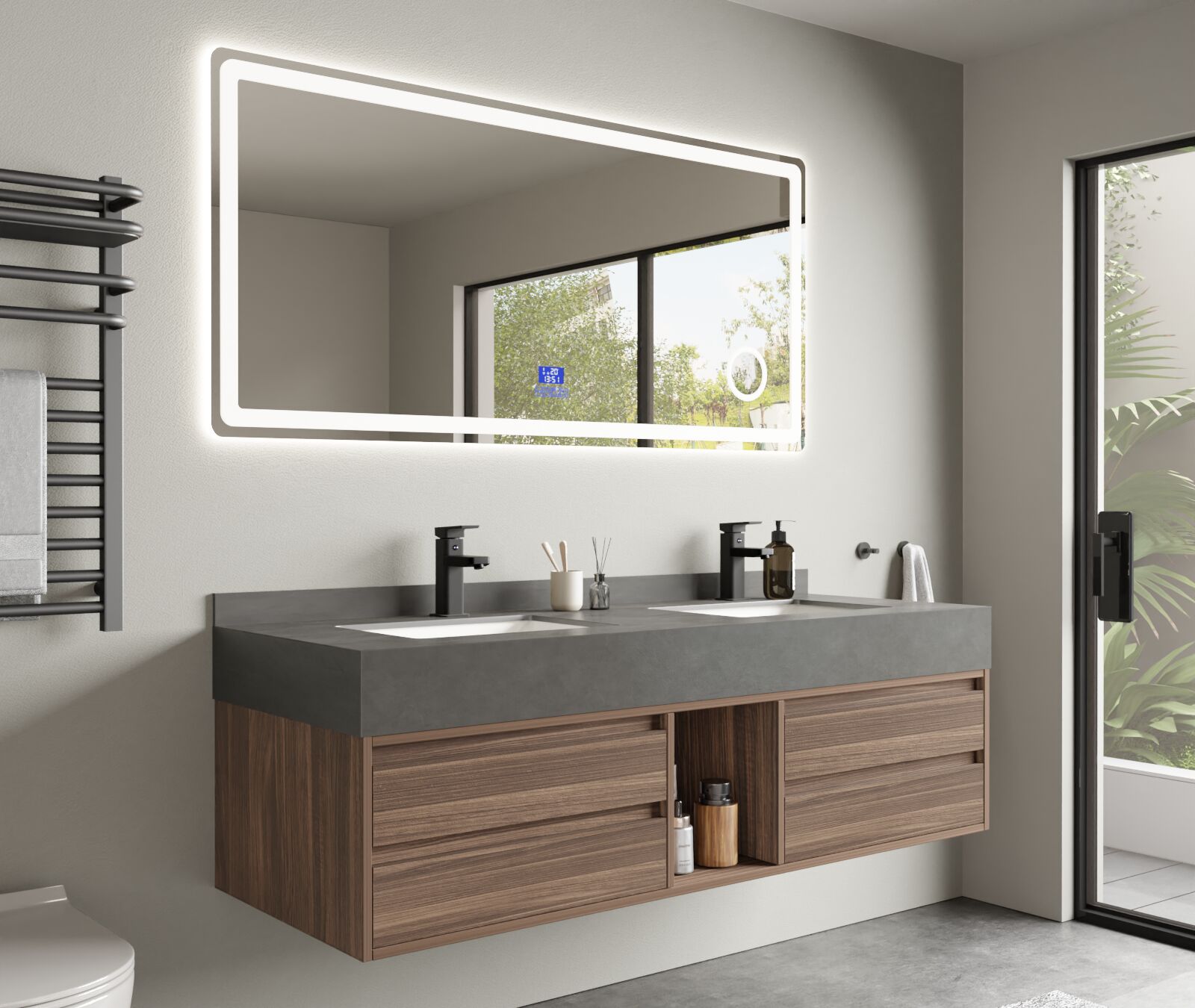 Badkamermeubel 2-persoons - 150 cm - Hout decor met grijze wasbak - Incl. kranen – kavel bij Openbare Verkopen