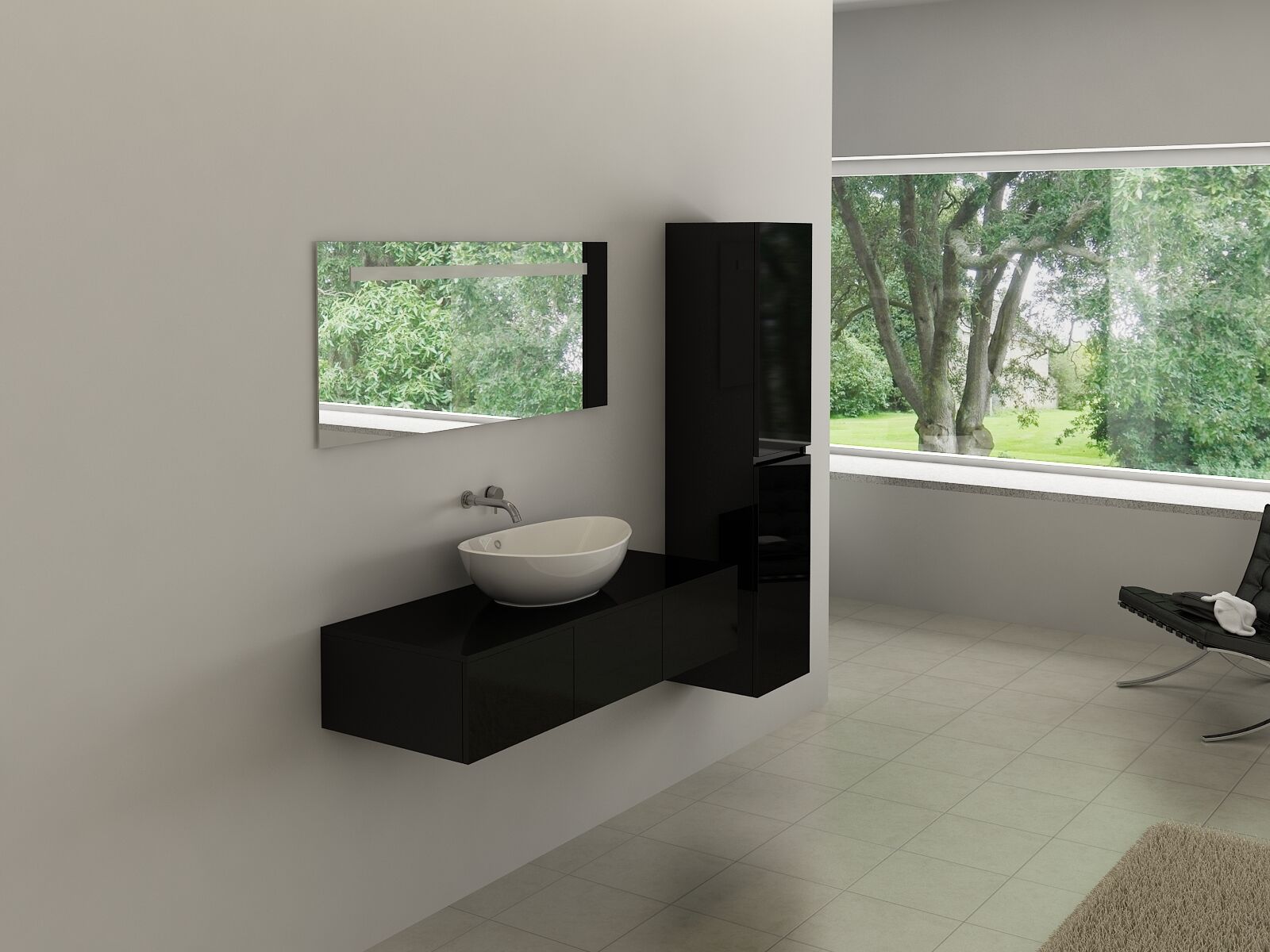 Badkamermeubel BAVENO | 120 cm | Met zijkast | Zwart met witte waskom | Incl. kranen – kavel bij Openbare Verkopen