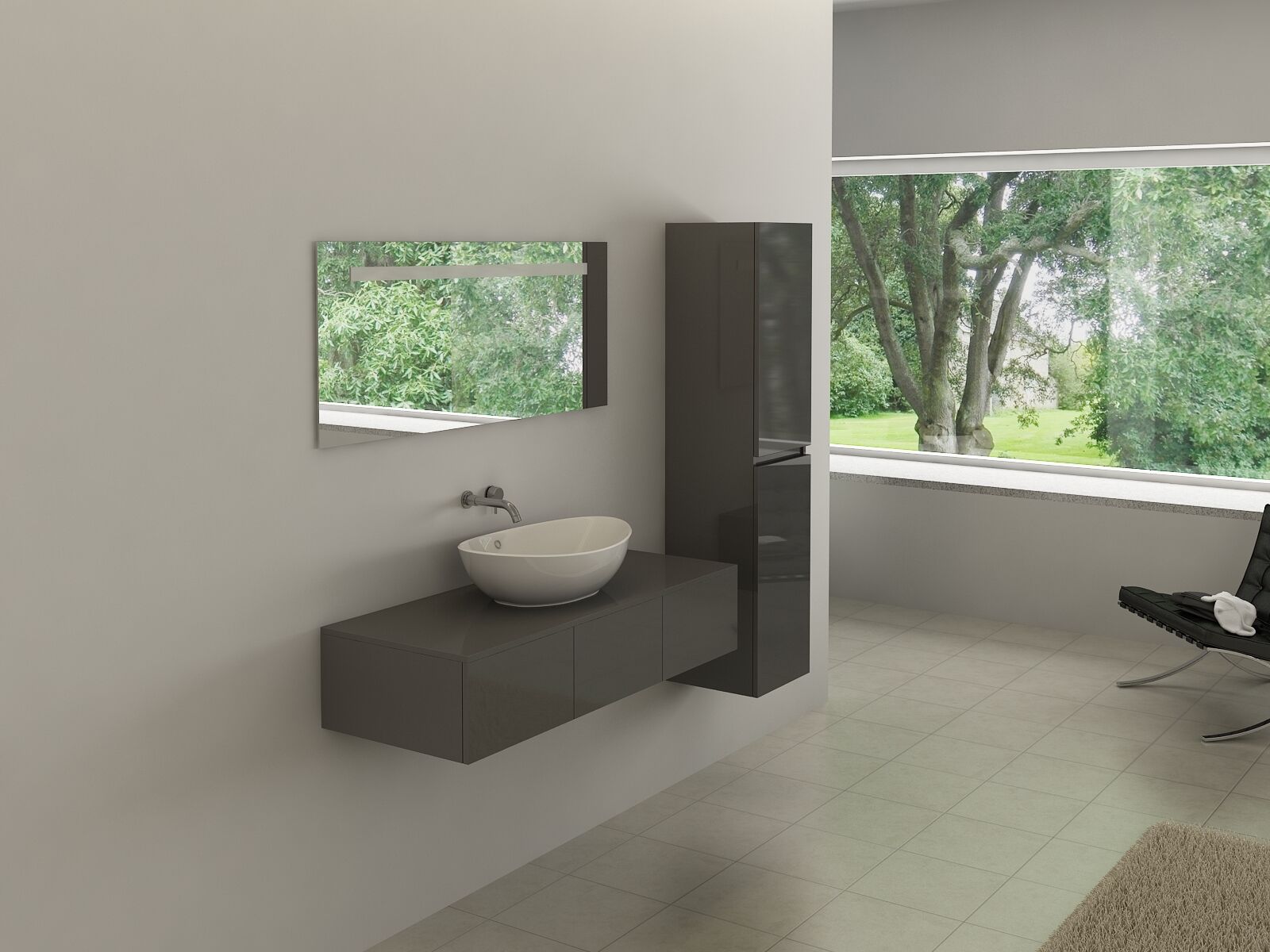 Badkamermeubel BAVENO | 120 cm | Met zijkast | Hoogglans antraciet met witte waskom | Incl. kranen – kavel bij Openbare Verkopen