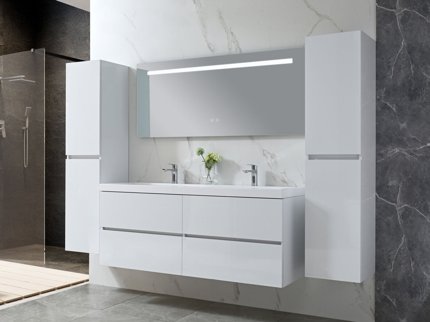 Badkamermeubel 145 cm - Hoogglans wit + witte dubbele wasbak - Incl. kranen – kavel bij Openbare Verkopen