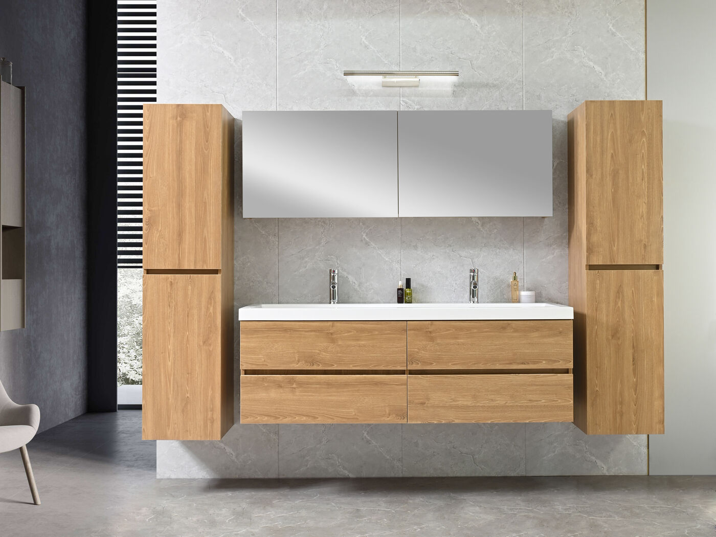 2-persoons badkamermeubel 145 cm licht hout decor - Incl. kranen – kavel bij Openbare Verkopen