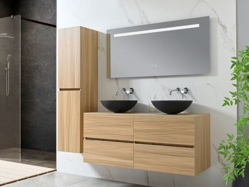 Badkamermeubel 130 cm - Licht hout decor + zwarte waskommen - Incl. muurkranen – kavel bij Openbare Verkopen