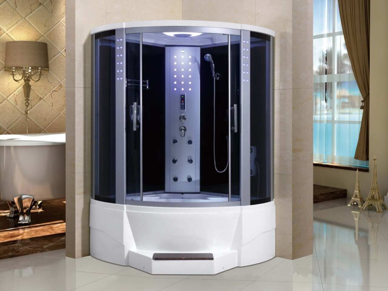 Stoomcabine met whirlpool massagebad - halfrond - wit bad met zwarte cabine 135x135x220 cm – kavel bij Openbare Verkopen