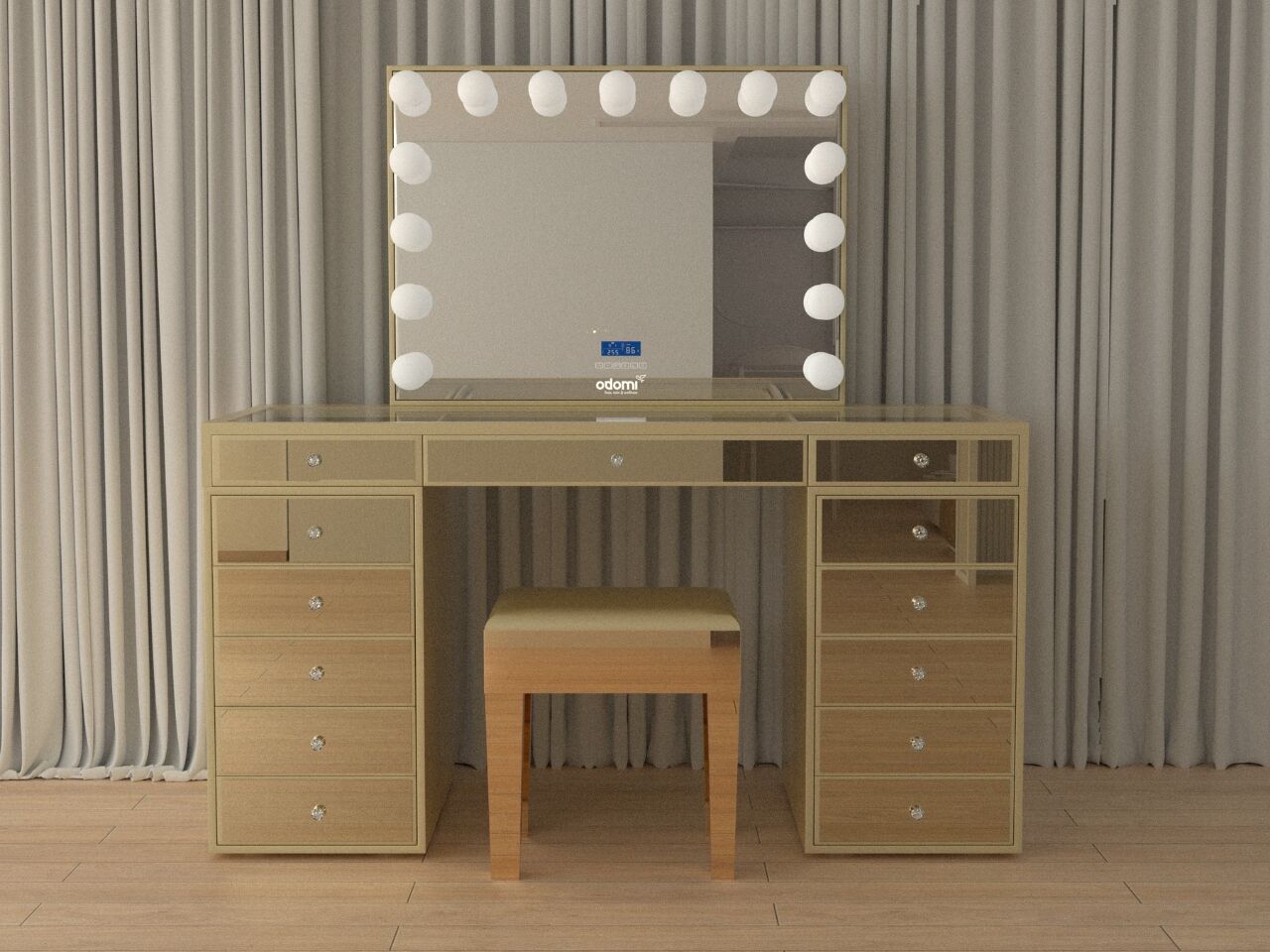 Luxe kaptafel met verlichting - 1500x600x810mm - Goudkleurig - Incl. krukje – kavel bij Openbare Verkopen