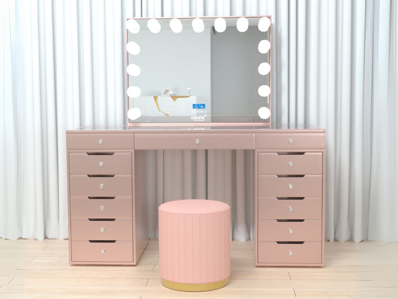 Luxe kaptafel met verlichting - 1500x600x810mm - Roze - Incl. poef – kavel bij Openbare Verkopen