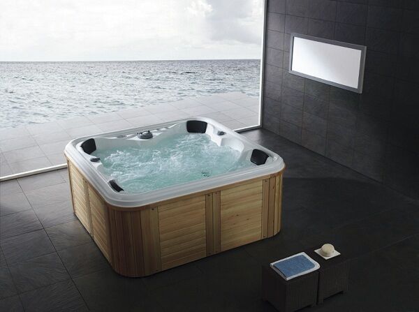 5 Persoons Outdoor Spa 208x208 cm - incl. 2 ligbedden - Wit bad / Naturel houten kleur zijkant – kavel bij Openbare Verkopen