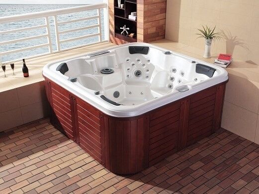 5 Persoons Outdoor Spa 208x208 cm incl. 2 ligbedden - Wit bad / Mahonie kleur zijkant – kavel bij Openbare Verkopen