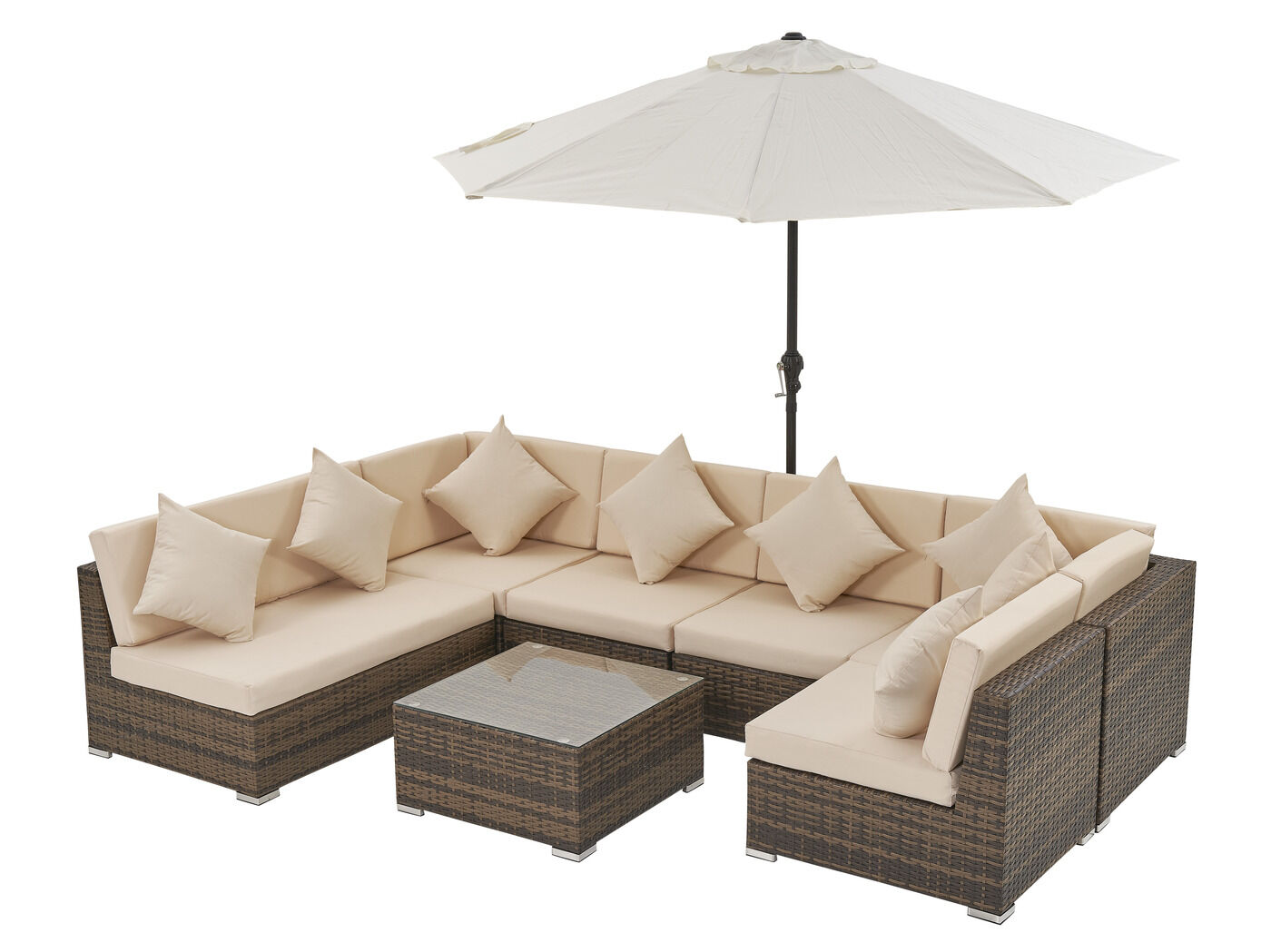 Loungeset met 2 hoekbanken - Bruin wicker + zandkleurige kussens - inclusief parasol – kavel bij Openbare Verkopen