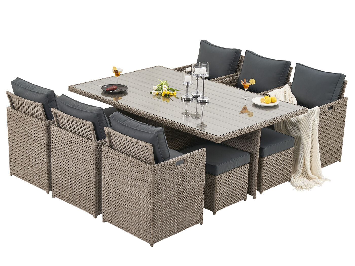 Diningset 11 delig - beige wicker + antraciete kussens - stoelen + eettafel 200x125 cm – kavel bij Openbare Verkopen