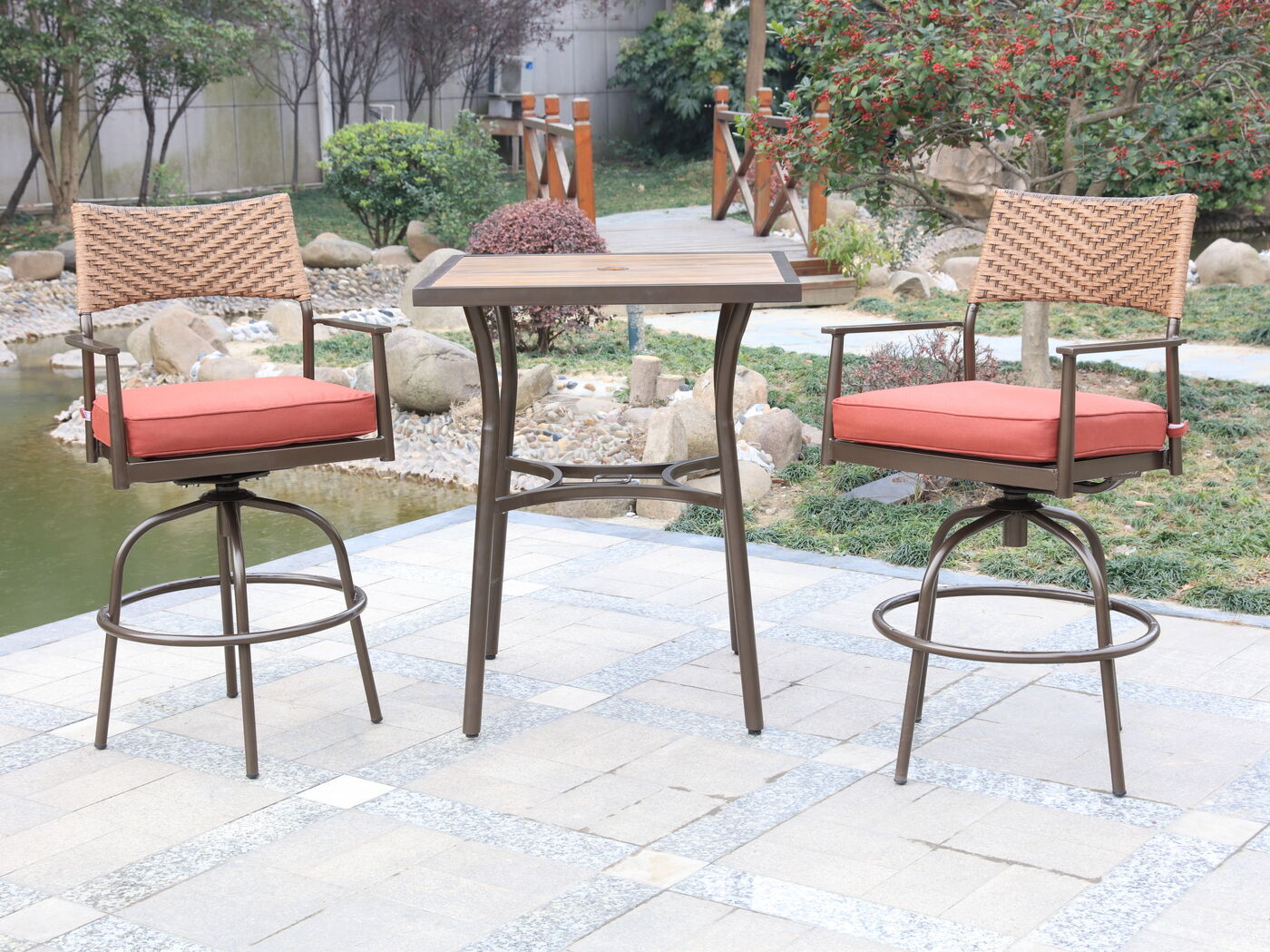 Tuinset 3-delig - barset hoog - bruin wicker + rode kussens – kavel bij Openbare Verkopen